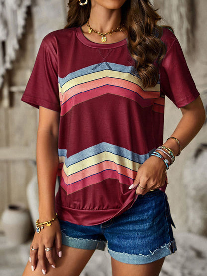 Modern round neck T-shirt rainbow strip top