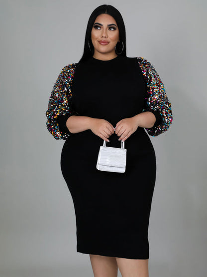 Modern Plus Size Ladies Sexy Solid Color Sequin Puff Sleeve Dress