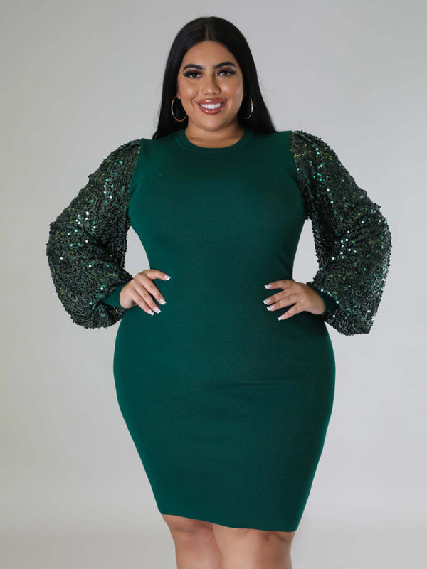 Modern Plus Size Ladies Sexy Solid Color Sequin Puff Sleeve Dress
