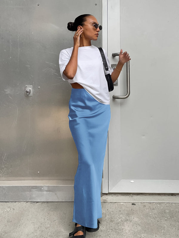Elegant High Waisted Satin Long Skirt Women Spring Summer