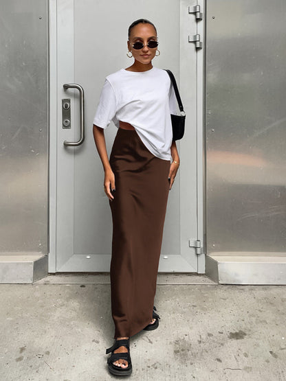 Elegant High Waisted Satin Long Skirt Women Spring Summer