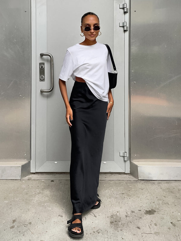 Elegant High Waisted Satin Long Skirt Women Spring Summer