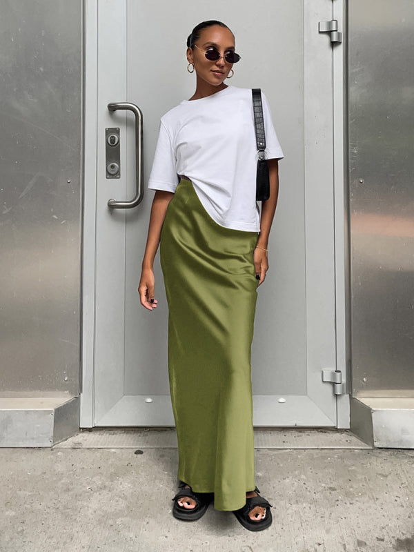 Elegant High Waisted Satin Long Skirt Women Spring Summer