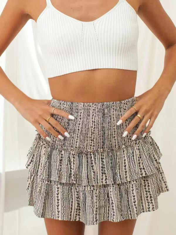 Floral Pleated Skirt Women Half Length Ruffled Fashion Midi Skirt