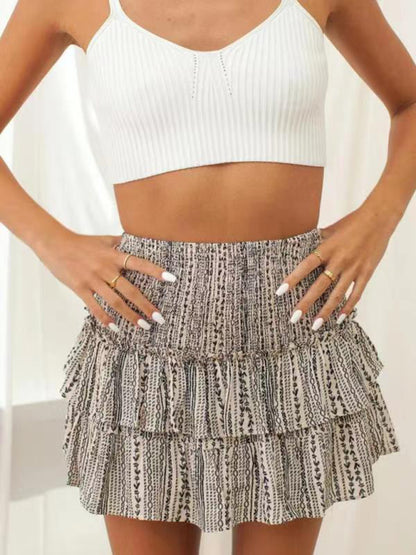 Floral Pleated Skirt Women Half Length Ruffled Fashion Midi Skirt