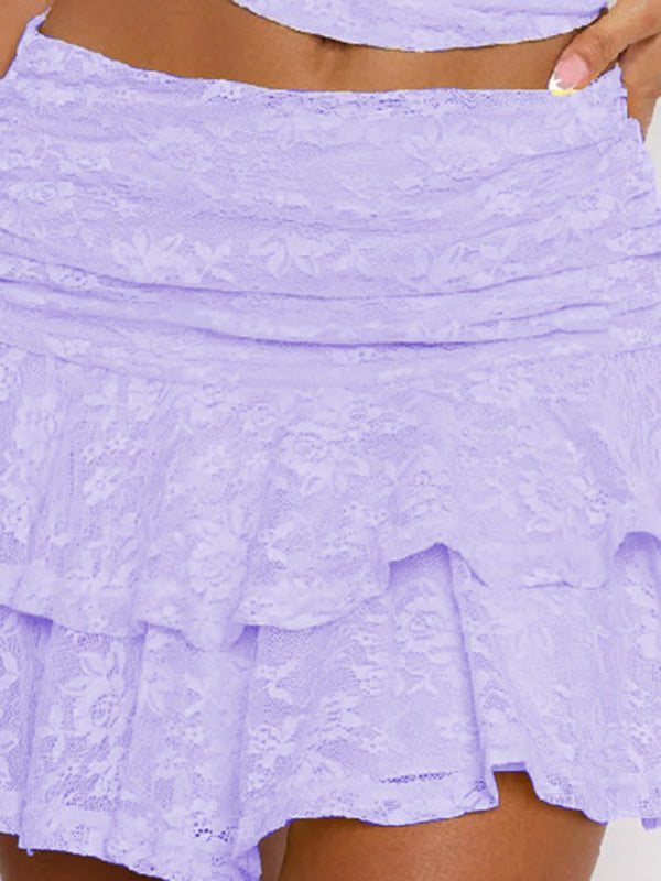 Multi Layer Lace Skirt Women Tiered Ruffle Mini Skirt