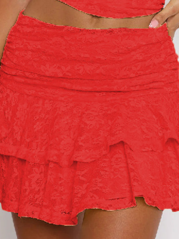Multi Layer Lace Skirt Women Tiered Ruffle Mini Skirt