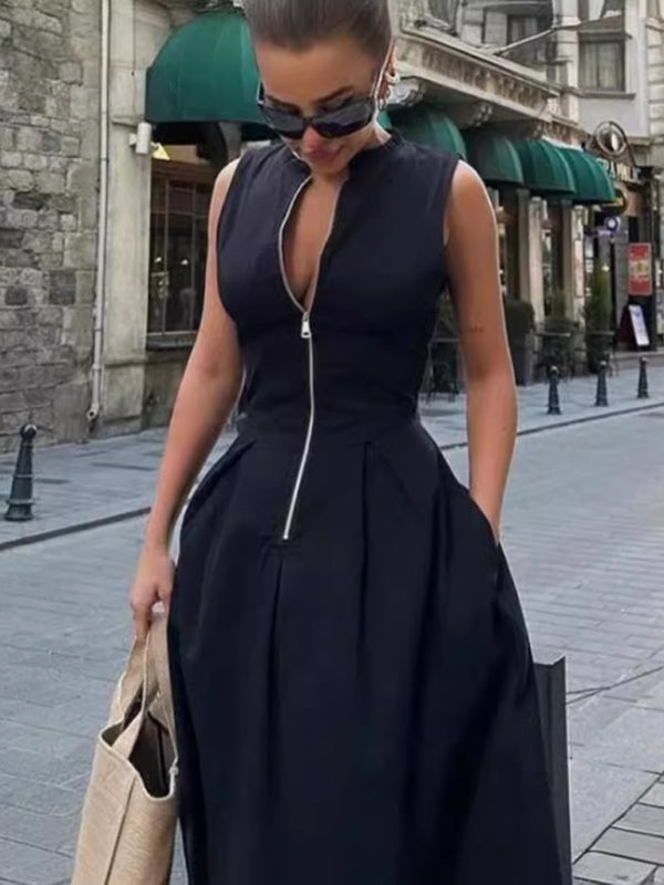 Modern Sleeveless V-neck Casual Temperament Commuter Waist Zipper Neck Dress