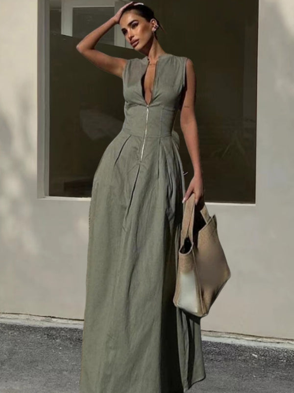 Modern Sleeveless V-neck Casual Temperament Commuter Waist Zipper Neck Dress