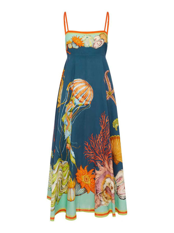 Modern holiday swing graffiti cotton and linen sleeveless suspender dress
