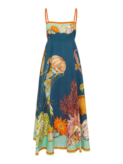 Modern holiday swing graffiti cotton and linen sleeveless suspender dress