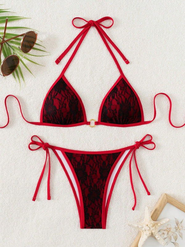Black lace and red backless bikini