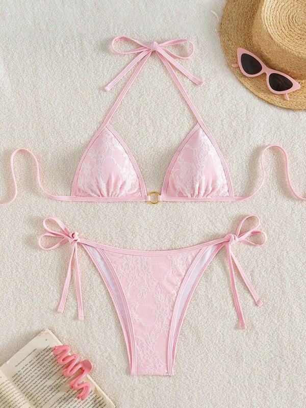 Backless white lace and pink bikini