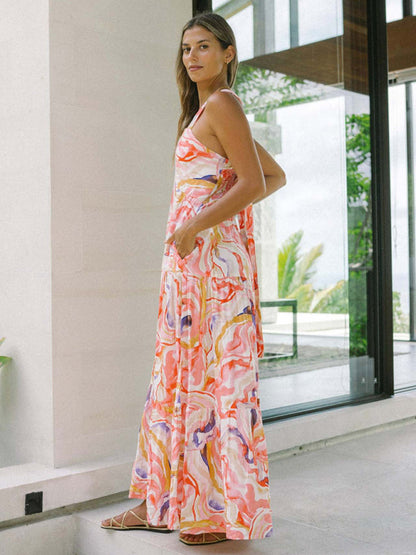 Orange floral print bohemian holiday beach dress loose suspender dress