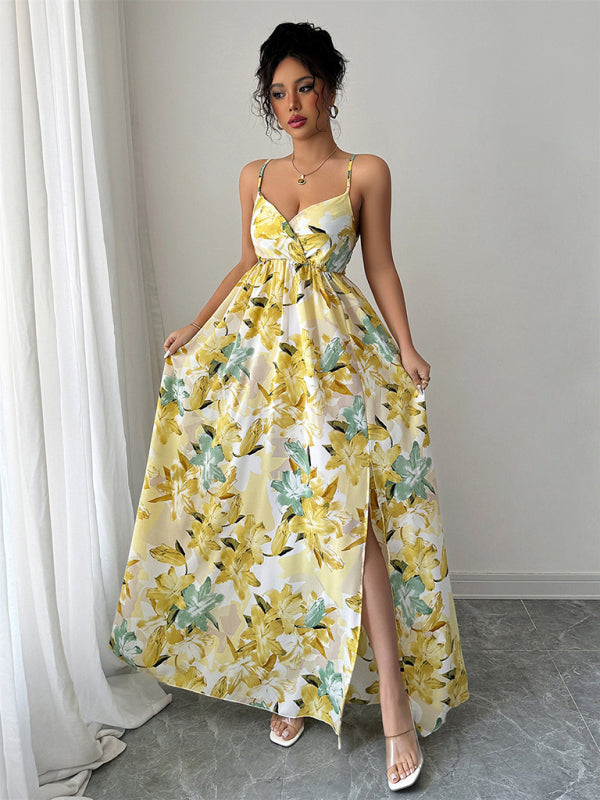 Fashionable and elegant suspender printed long dress