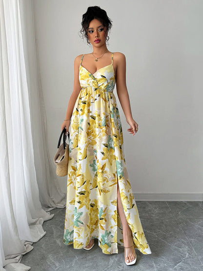 Fashionable and elegant suspender printed long dress