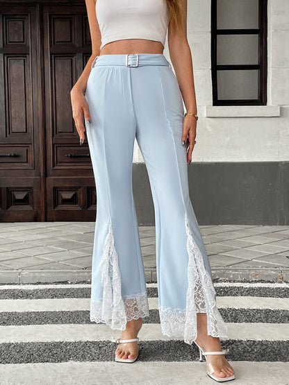 High Waist Lace Flared Pants with Belt - Elegant Wide Leg Trousers