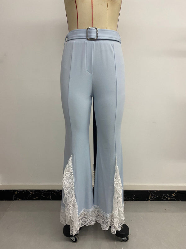High Waist Lace Flared Pants with Belt - Elegant Wide Leg Trousers