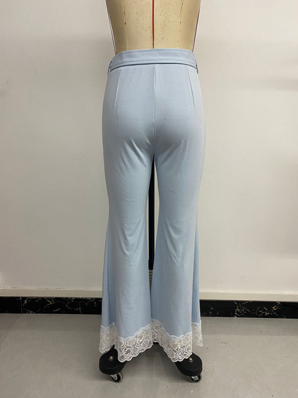 High Waist Lace Flared Pants with Belt - Elegant Wide Leg Trousers