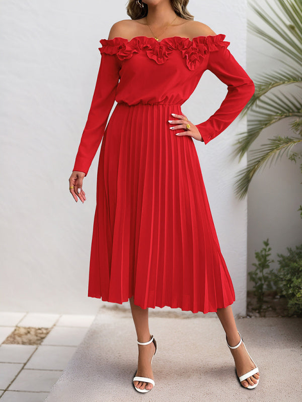Party elegant sweet style one shoulder long sleeve solid color women&