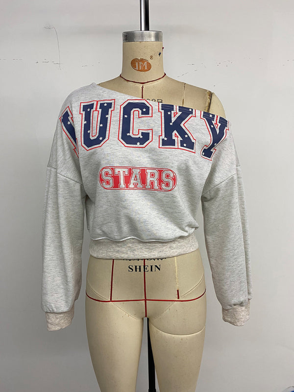 Letter Printed Hot Girl Slant Collar Cropped Navel-Exposed Sweatshirt