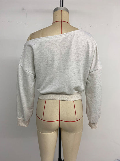 Letter Printed Hot Girl Slant Collar Cropped Navel-Exposed Sweatshirt