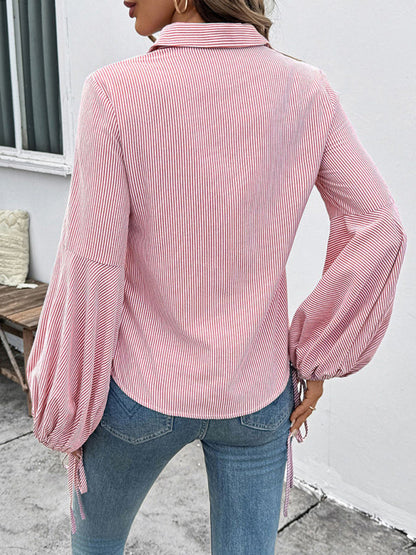 Striped patchwork lantern sleeve shirt