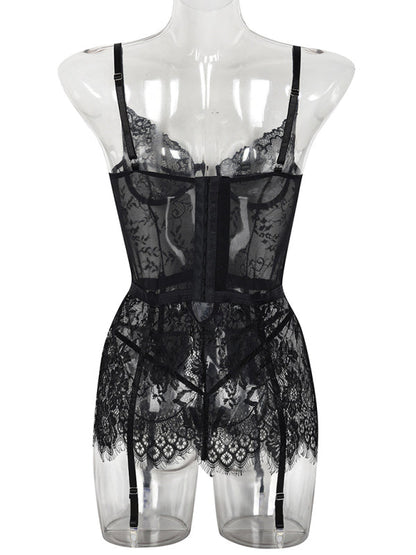 Thin lace see-through nightgown with irregular hem sexy erotic set