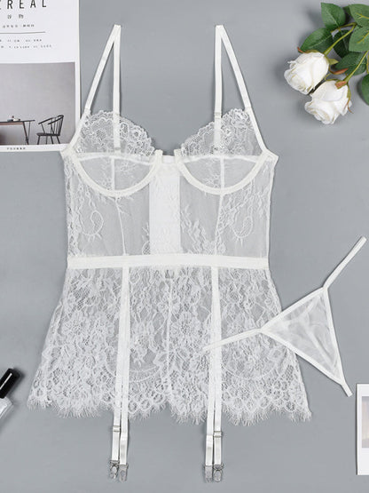 Thin lace see-through nightgown with irregular hem sexy erotic set