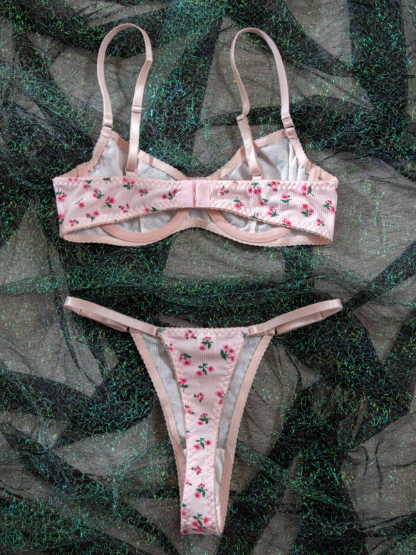 Sexy pastoral floral knitted lingerie set