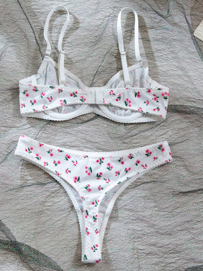 Sexy pastoral floral knitted lingerie set