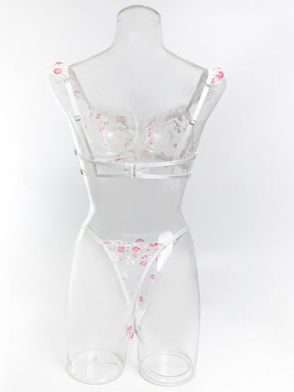 Small flying sleeve strawberry embroidery mesh see-through bra set