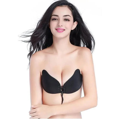Incredible Strapless Invisible Bra Seamless Push Up Silicone Bras For Women Skin Black Lingerie Drawstring Bralette