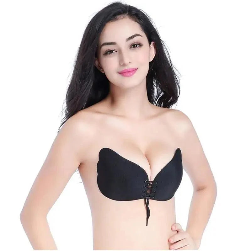 Incredible Strapless Invisible Bra Seamless Push Up Silicone Bras For Women Skin Black Lingerie Drawstring Bralette