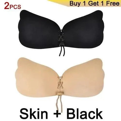 Incredible Strapless Invisible Bra Seamless Push Up Silicone Bras For Women Skin Black Lingerie Drawstring Bralette