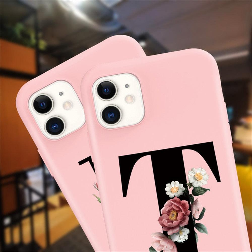 Initial Letter Silicon Phone Case For Iphone  12 Pro Max Retro Pink Flower Soft Back Cover Compatible With Iphone Case Soft Touch Cute Pink Silicone Back Cover For Iphone