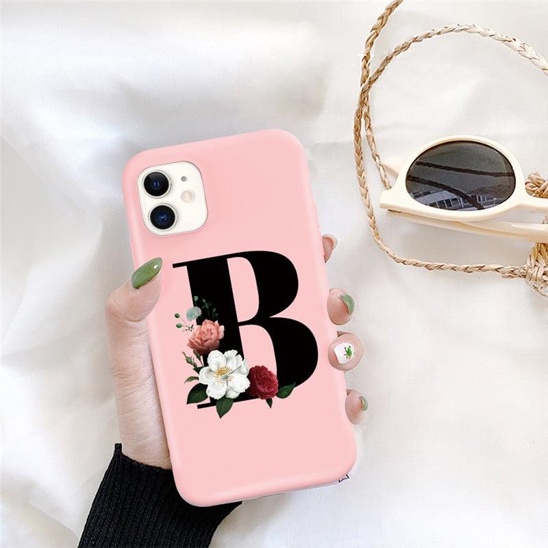 Initial Letter Silicon Phone Case For Iphone  12 Pro Max Retro Pink Flower Soft Back Cover Compatible With Iphone Case Soft Touch Cute Pink Silicone Back Cover For Iphone