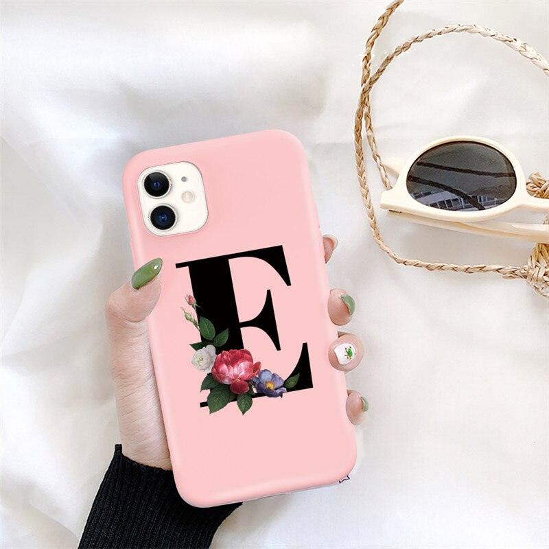 Initial Letter Silicon Phone Case For Iphone  12 Pro Max Retro Pink Flower Soft Back Cover Compatible With Iphone Case Soft Touch Cute Pink Silicone Back Cover For Iphone
