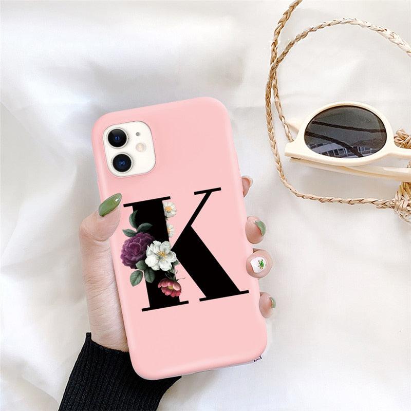 Initial Letter Silicon Phone Case For Iphone  12 Pro Max Retro Pink Flower Soft Back Cover Compatible With Iphone Case Soft Touch Cute Pink Silicone Back Cover For Iphone