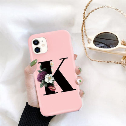 Initial Letter Silicon Phone Case For Iphone  12 Pro Max Retro Pink Flower Soft Back Cover Compatible With Iphone Case Soft Touch Cute Pink Silicone Back Cover For Iphone