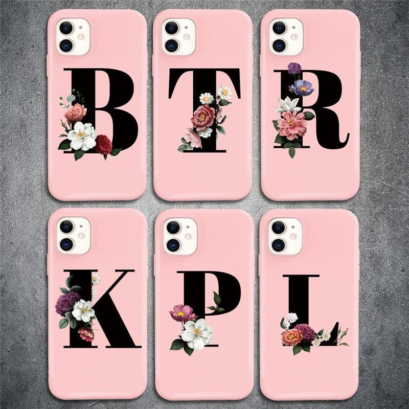 Initial Letter Silicon Phone Case For Iphone  12 Pro Max Retro Pink Flower Soft Back Cover Compatible With Iphone Case Soft Touch Cute Pink Silicone Back Cover For Iphone