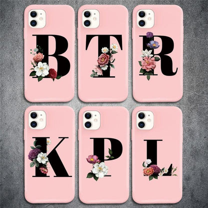 Initial Letter Silicon Phone Case For Iphone  12 Pro Max Retro Pink Flower Soft Back Cover Compatible With Iphone Case Soft Touch Cute Pink Silicone Back Cover For Iphone