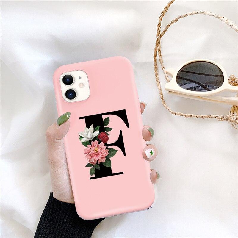 Initial Letter Silicon Phone Case For Iphone  12 Pro Max Retro Pink Flower Soft Back Cover Compatible With Iphone Case Soft Touch Cute Pink Silicone Back Cover For Iphone