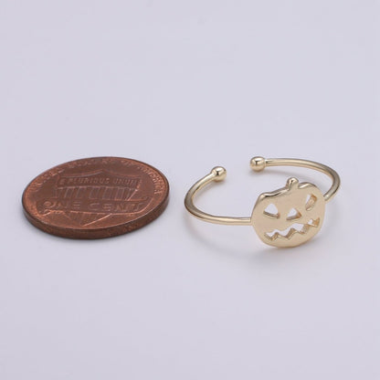 Jack O Lantern 18k Gold Ring, Adjustable Gold Curb Ring, Simple Pumpkin Ring, Haloween Ring R-256