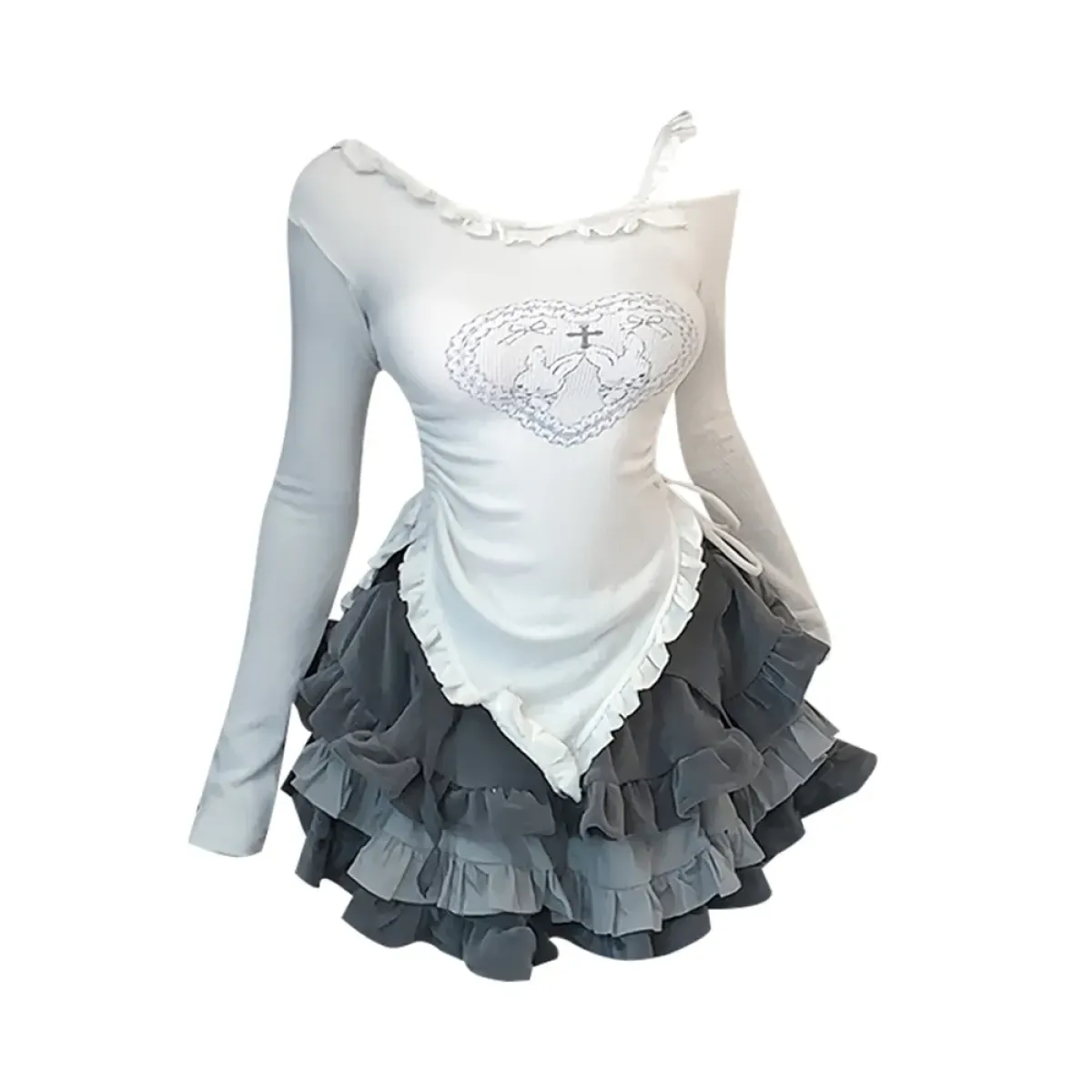 Japanese Kawaii 2-Piece Set - Long Sleeve Crop Top and A-Line Mini Skirt