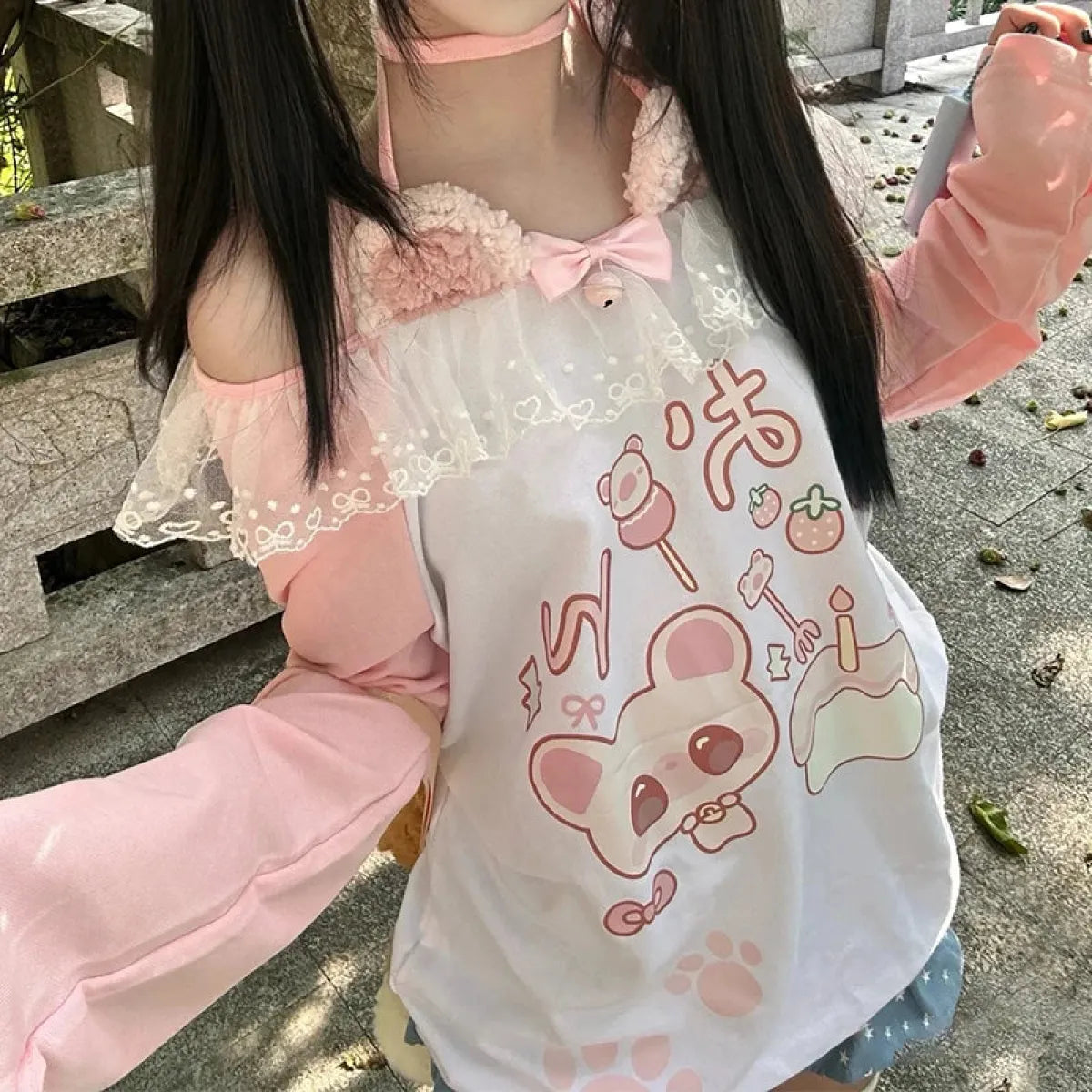 Kawaii Bear Print Top – Harajuku Pastel Yume Cute Aesthetic