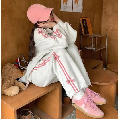 Kawaii Bow Tracksuit – Striped Sweatshirt &amp; Casual Pants