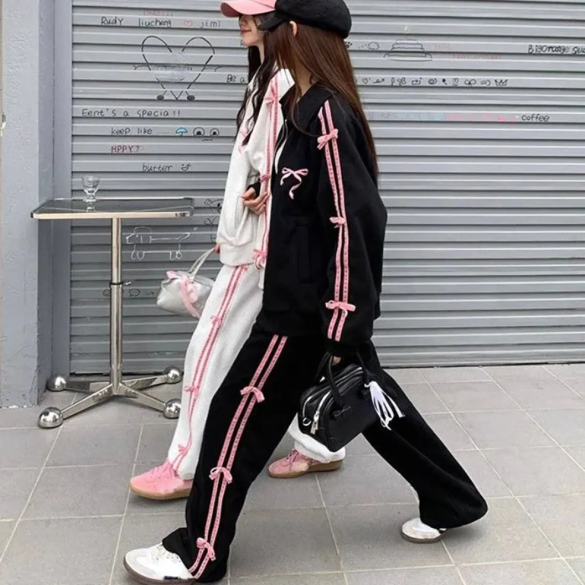 Kawaii Bow Tracksuit – Striped Sweatshirt &amp; Casual Pants