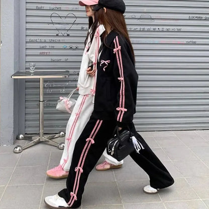Kawaii Bow Tracksuit – Striped Sweatshirt &amp; Casual Pants