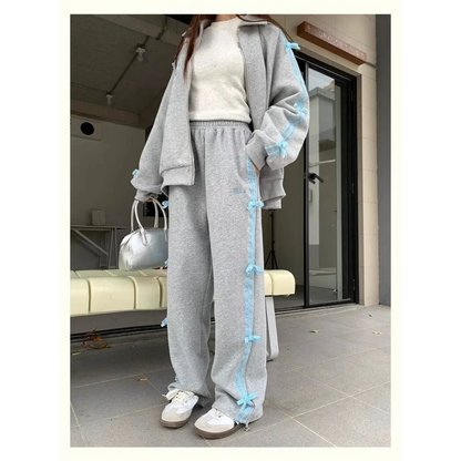 Kawaii Bow Tracksuit – Striped Sweatshirt &amp; Casual Pants